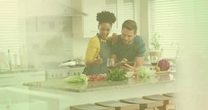 Animation of organic vegan text over diverse couple preparing healthy meal in kitchen. Organic food, healthy eating and cooking concept digitally generated video.