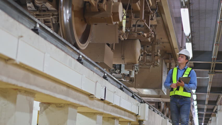 Professional Caucasian engineer or technician worker check and maintenance the lower part of the train with holding tablet to support in train factory workplace.