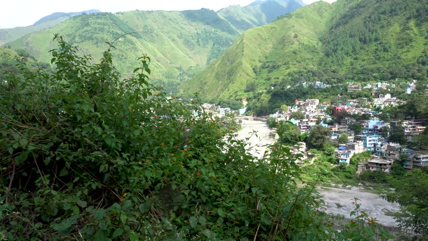House and buildings in South Asia Dharchula town city on Nepal India International Border on the banks of Kali river in Uttarakhand India