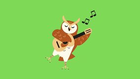 Animated video of owl character playing guitar and singing on green screen background
