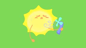 Animated video of cute sun character using fan from heat summer on green screen background 