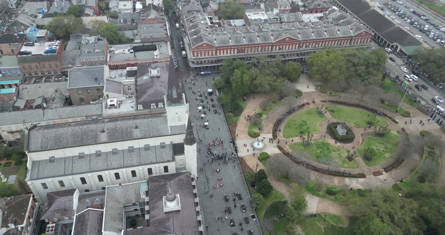 Drone view: Jackson Square is a historic park in the French Quarter of New Orleans, Louisiana. It was declared a National Historic Landmark in 1960, Jackson Square is a must-visit spot in New Orleans.