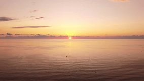 Serene sunrise over calm sea waters, with vibrant skies reflecting off the gentle waves in a tranquil video shot.