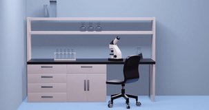 Laboratory interior with microscope. Abstract animation
