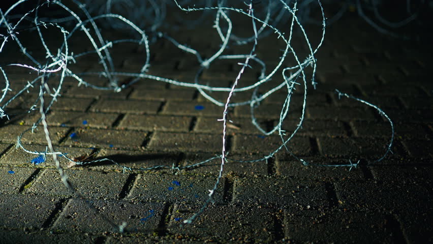 Barbed wire sits on brick floor, under electric blue sky