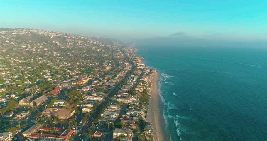A wide angle view of the beach Los Angeles. Aeria 4k
