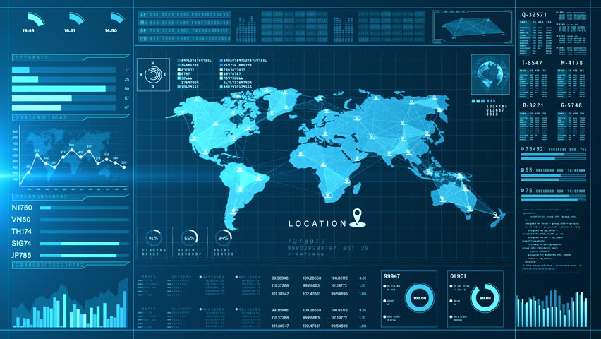 World Map Data Analysis Technology Interface Display, Data visualization interface with world map and location, graphs, and analytics indicators in blue digital tone. - Powered by Shutterstock - Get 15% off with code: PIKWIZARD15