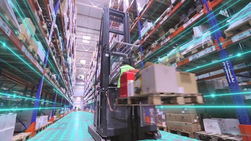 Forklift in a modern warehouse. Forklift in the warehouse concept. work in a modern warehouse concept. Visualization of modern technologies in the warehouse of the factory. - Powered by Shutterstock - Get 15% off with code: PIKWIZARD15