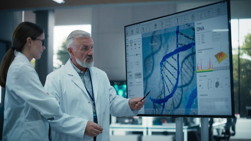 Middle Aged Head of Laboratory Having a Meeting with a Female Chief Technologist in a Modern Biochemistry Lab. Colleagues Looking at a Screen and Having a Conversation About DNA Gene Editing