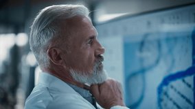Portrait of a Middle Aged Professor Focused on Work at Modern Medical Research and Treatment Development Laboratory. Bioengineer Using a TV Display to Look at a Gene Therapy Report Made By His Team - Powered by Shutterstock - Get 15% off with code: PIKWIZARD15