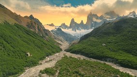 Aerial view on mount Fitzroy at sunset time in Patagonia, El Chalten, Argentina.