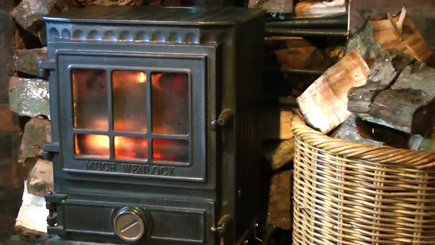 Wood burning stove burning brightly