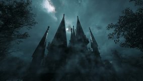 Fog envelops the mystical castle. A thunderstorm in the mysterious forest. Flashes of lightning illuminate the gloomy forest. - Powered by Shutterstock - Get 15% off with code: PIKWIZARD15