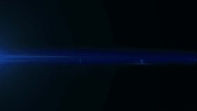 Lens flare on black background. Anamorphic lens effect in blue tone, 4K video. Overlay light effect animation.