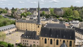 Aerial view of the central part of Luxembourg city. Camera movement