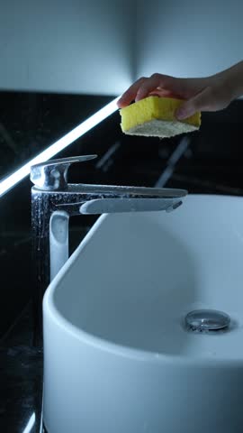 A woman's hand washes a dirty basin tap with a yellow sponge without gloves in the bathroom. Dirty faucet with limescale.
