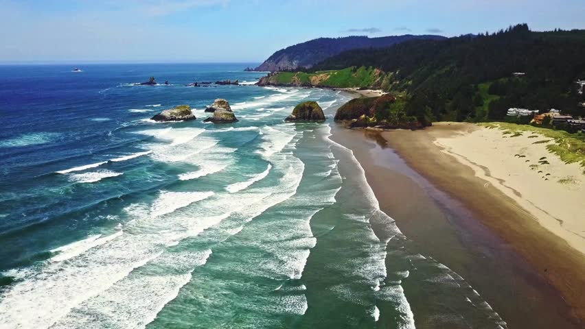Aerial Serenity: Flying Over Cannon Beach in Oregon, USA in 4K Video Royalty-Free Stock Footage #3481074805