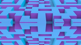 Neon futuristic maze with reflection. Mirror effect. Video for post production. Psychedelic effect. A path in a puzzle with an exit. Solving a complex problem and achieving a goal. 3D animation, camer