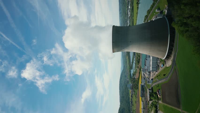 Atomic nuclear power plant with cooling tower against blue sky. Vertical video. Environmental conservation and production of energy. Flying over reactor of power station