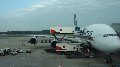 SINGAPORE- JAN 10, 2018: Singapore Airlines Airbus A380-800 at Singapore Changi Airport. The Airbus A380 is a double-deck, wide-body, four-engine jet airliner.