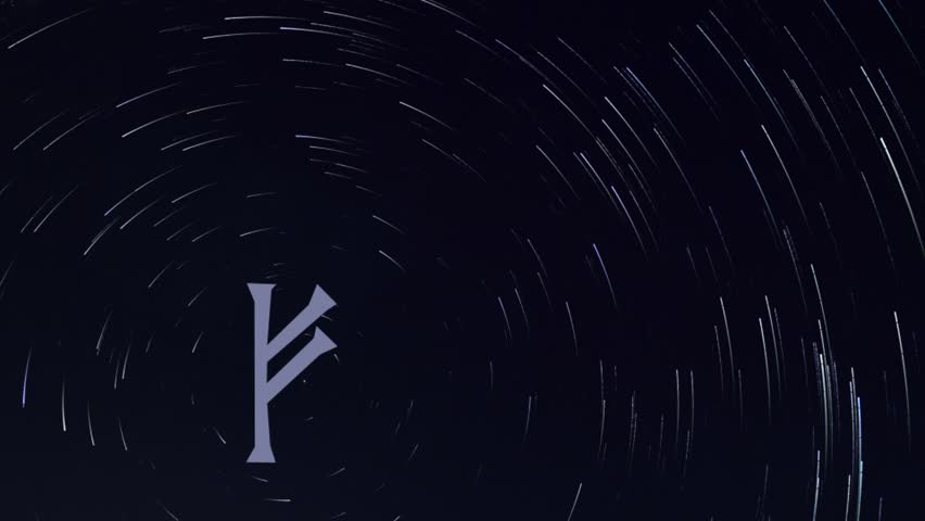 video of a Star trail in the background, 
with in the foreground the image of a rune 
moving towards the polar star of the same star trail, 
the rune in this clip is Fehu
