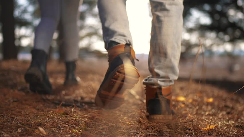 hiker feet group walk in park forest. travel concept. close-up of a leg man walking with a in park in the forest. travel walk concept. hiker teamwork walking journey close-up park lifestyle