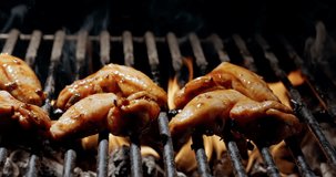 Under hot coals on grill, cook expertly coats chicken wings with barbecue sauce. Flames dance around chicken wings, cooking them to perfection. Aroma of wings wafts through summer air. Copy space.