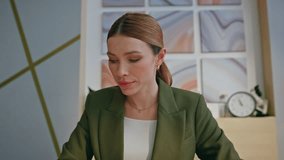 Pov view online businesswoman having conversation in office. Closeup focused female director making conference video call for job interview. Serious business woman listening interlocutor at workplace  - Powered by Shutterstock - Get 15% off with code: PIKWIZARD15