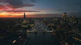 Timeless Moment, Sunset over Icoinc Tower Bridge, London Skyline, Aerial View Shot of London UK, United Kingdom, Shard, Tower of London