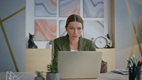 Attractive lady employee working computer at office closeup. Relaxed businesswoman enjoy coffee taking break at modern desk. Calm woman manager drinking beverage at company workplace looking laptop - Powered by Shutterstock - Get 15% off with code: PIKWIZARD15
