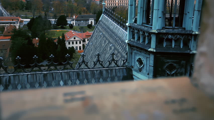 The Spire of St Vitus Cathedral Tower in Prague Castle, Prague, Czech Republic. 4K Resolution.