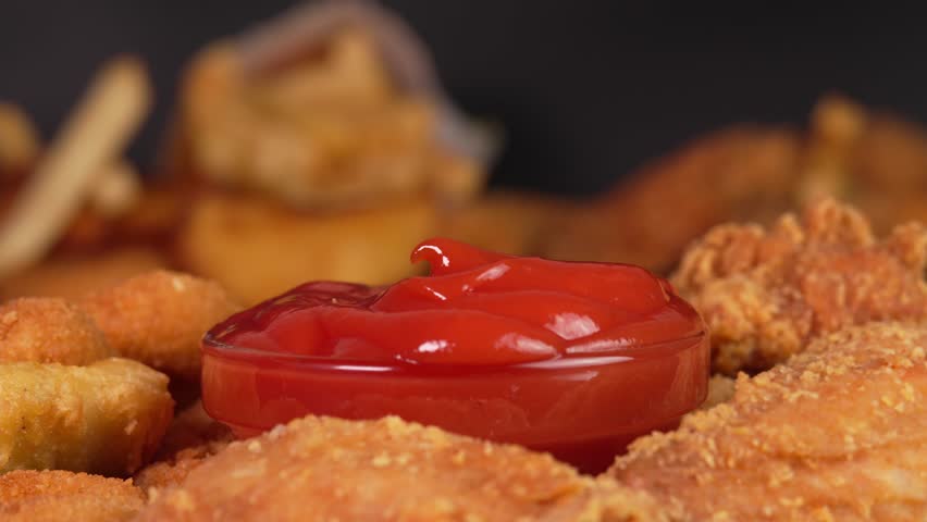 Hand dips crunchy fried onion rings into tomatoes sauce in macro. Footage for advertise fast food, takeaway junk food, roadside cafe, supermarket display, food truck, street food