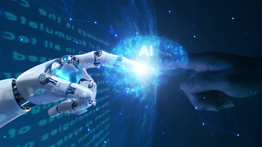Robot hand 3D and human hand touch in AI artificial intelligence brain on big data network connection background. Matrix animation or big data processing,3D rendering graphic,  - Powered by Shutterstock - Get 15% off with code: PIKWIZARD15