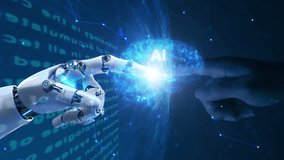 Robot hand 3D and human hand touch in AI artificial intelligence brain on big data network connection background. Matrix animation or big data processing,3D rendering graphic,  - Powered by Shutterstock - Get 15% off with code: PIKWIZARD15