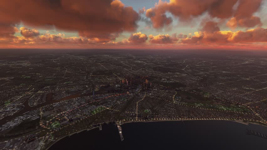3D - Sunset aerial view of Port of Melbourne in Victoria. Australia