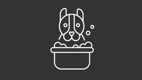 Dog bathing white line animation. Animated puppy in bubble bath shakes head icon. Cute pet hygiene. Grooming. Isolated illustration on dark background. Transition alpha video. Motion graphic