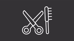 Animated hair care tools white icon. Moving scissors and comb line animation. Stylist equipment. Grooming service. Isolated illustration on dark background. Transition alpha video. Motion graphic
