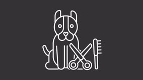 Pet grooming white line animation. Animated dog and grooming tools icon. Pet service. Hygiene, haircut. Animal care. Isolated illustration on dark background. Transition alpha video. Motion graphic