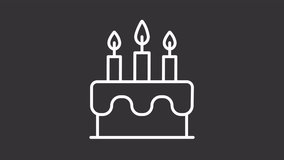 Animated birthday cake white icon. Birthday party line animation. Party dessert with candles. Happy birthday. Isolated illustration on dark background. Transition alpha video. Motion graphic
