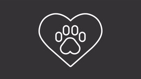 Pet love white line animation. Animated paw print within heart icon. Animal charity. Pet rescue and adoption. Isolated illustration on dark background. Transition alpha video. Motion graphic