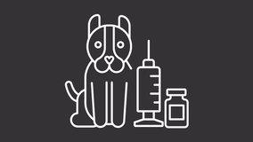 Pet vaccination white line animation. Animated dog and medical syringe icon. Vet clinic service. Pet healthcare. Isolated illustration on dark background. Transition alpha video. Motion graphic