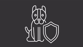 Pet insurance white line animation. Animated dog with shield icon. Animal safety. Pet care service. Veterinary care. Isolated illustration on dark background. Transition alpha video. Motion graphic