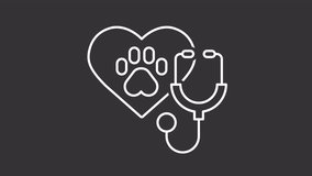 Veterinary care white line animation. Animated paw print in hear with stethoscope icon. Vet clinic. Pet checkup. Isolated illustration on dark background. Transition alpha video. Motion graphic