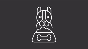 Dog food white line animation. Animated dog eating kibble icon. Domestic animal care. Feeding puppy. Pet care. Isolated illustration on dark background. Transition alpha video. Motion graphic