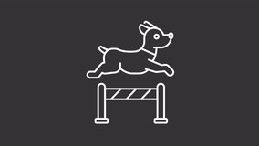 Pet training white line animation. Animated jumping dog icon. Obedience training. Dog leap. Pet exercise. Isolated illustration on dark background. Transition alpha video. Motion graphic