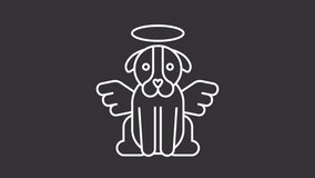 Pet funeral white line animation. Animated angel dog with halo icon. Pet loss. Pet afterlife. Dog heaven. Isolated illustration on dark background. Transition alpha video. Motion graphic