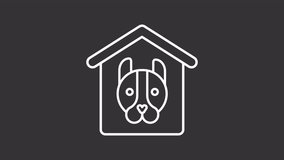 Pet shelter white line animation. Animated dog house icon. Animal rescue. Pet housing. Dog adoption. Animal charity. Isolated illustration on dark background. Transition alpha video. Motion graphic