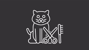 Cat grooming white line animation. Animated kitten and grooming tools icon. Pet service. Hygiene and haircut. Isolated illustration on dark background. Transition alpha video. Motion graphic