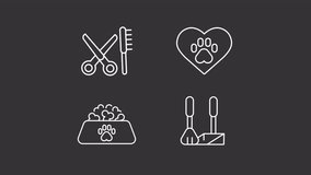 Animated pet supplies white icons. Pet care accessories line animation library. Grooming and hygiene. Isolated illustrations on dark background. Transition alpha. HD video. Icon pack