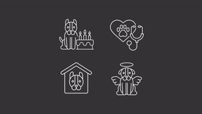 Dog life white line animations. Animated cute dogs icons. Veterinary care. Pet funeral service. Pet afterlife. Isolated illustrations on dark background. Transition alpha. HD video. Icon pack